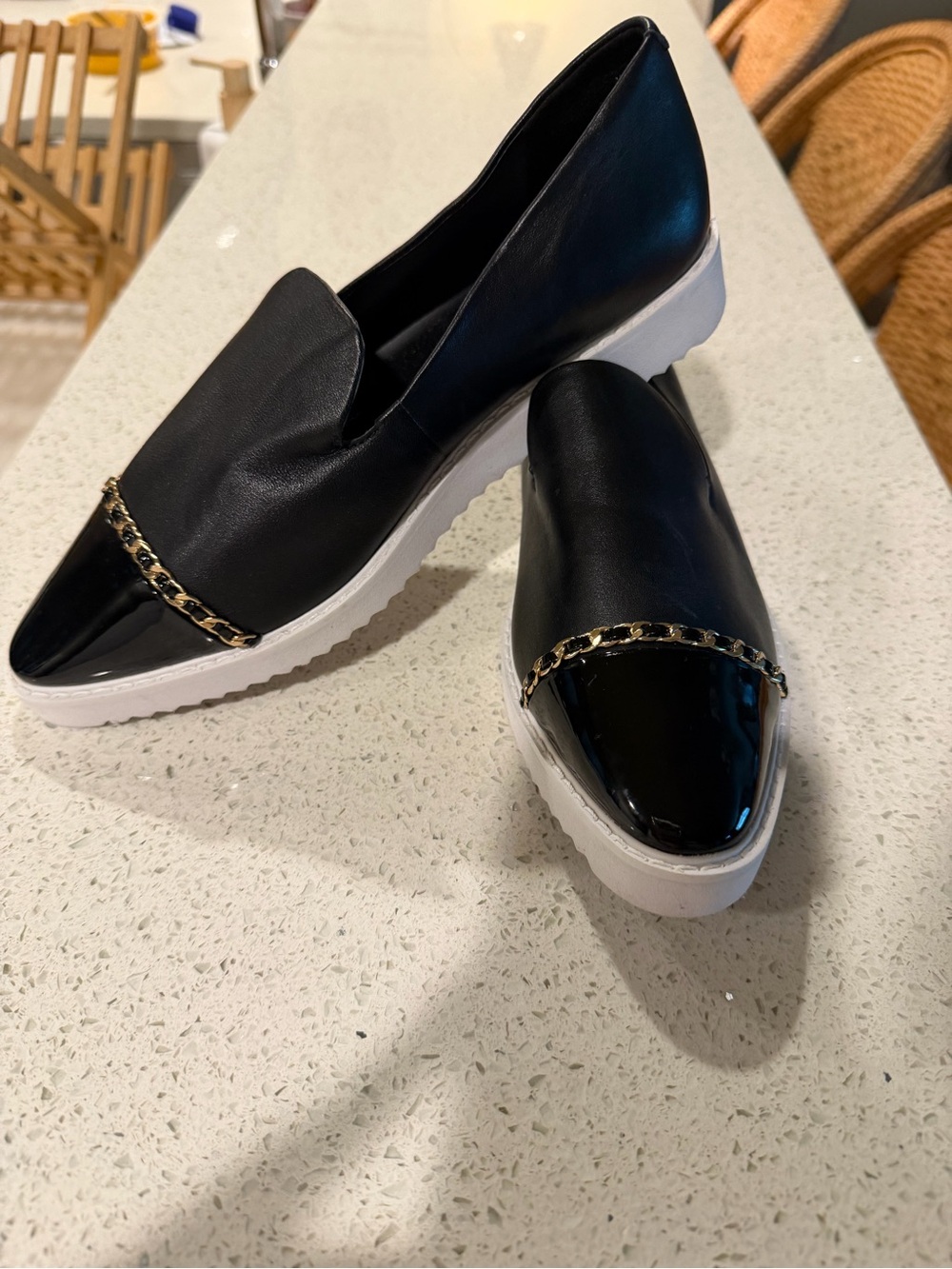 Karl Lagerfeld Black Slip-On Loafers with Gold Chain Trim